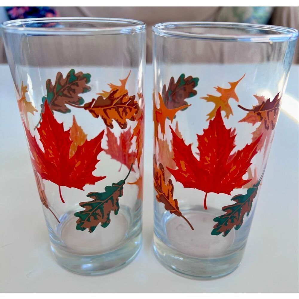 2 Vintage Libbey Crisa Autumn Fall Leaves Highball Glasses.
